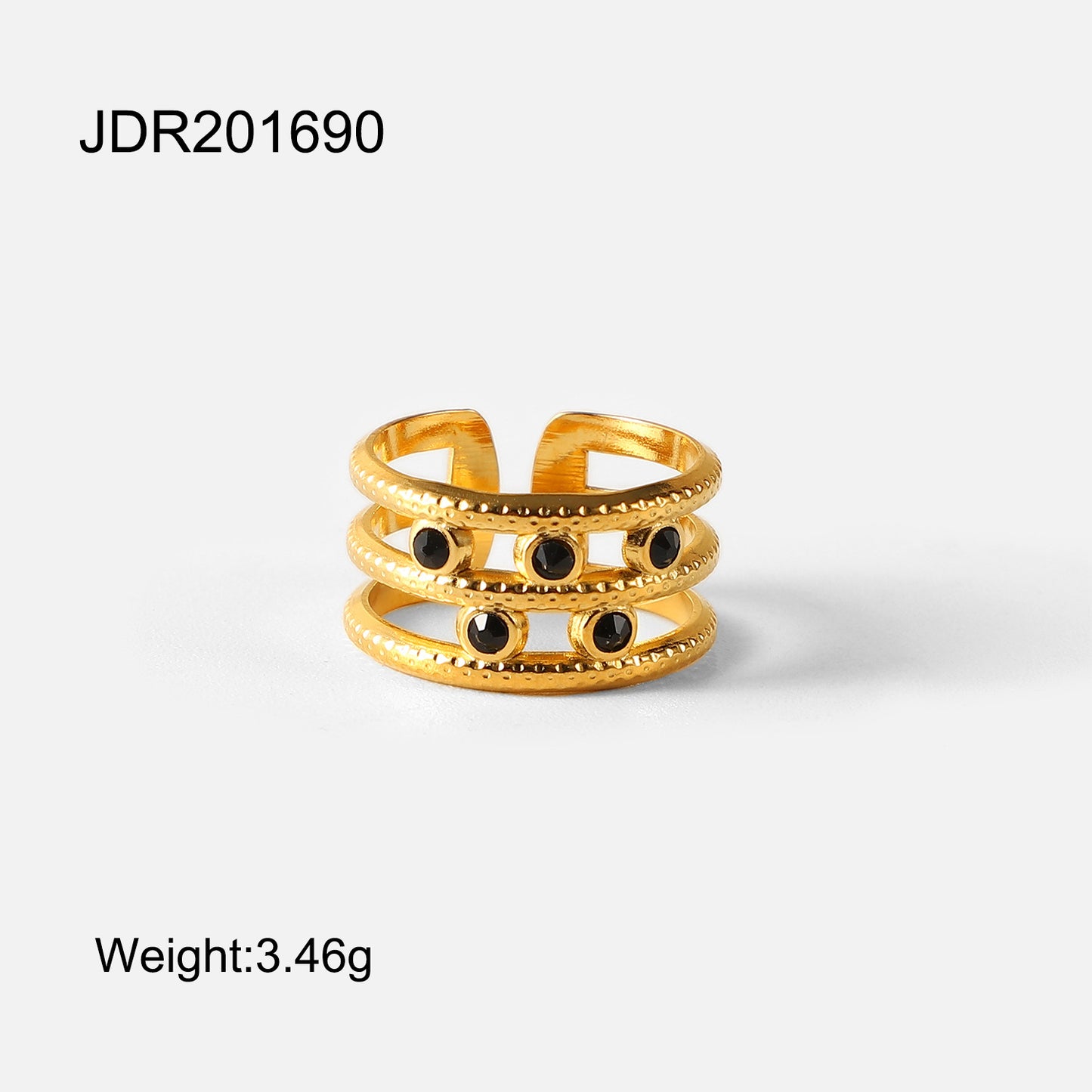 5pcs 18K Gold-Plated Stainless Steel 5 Black Diamond Three-Layer Open Ring Popular Jewelry For Women