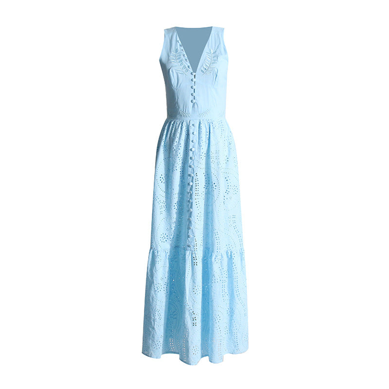 Spring New Fashion Temperament V Neckline Embroidery Waist Slimming Big Swing Dress Solid Color Temperament Long Dress