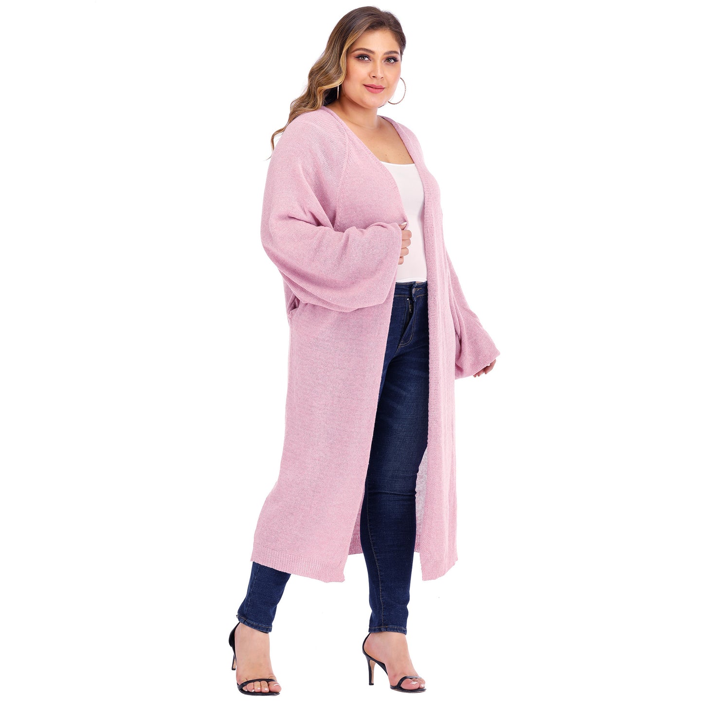 Large Size Women's Loose Pocket Bat Sleeve Lantern Sleeve Long Woven Cardigan Sweater Sweater Coat Women