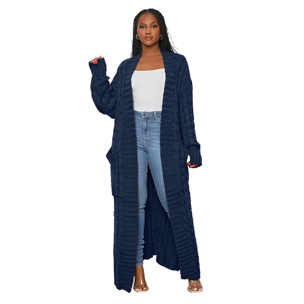 Women's Autumn And Winter New Loose Knit Cardigan Lazy Pocket Long Twist Sweater Coat