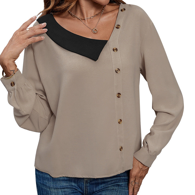 Loose Autumn New Button-Down V-Neck Long-Sleeved Knitwear Solid Color Blouse Blouse