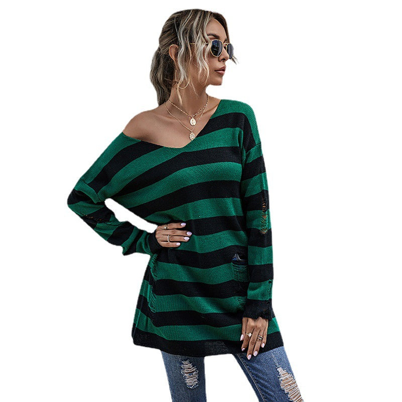 V-Neck Striped Knit Bottom Sweater Female Autumn