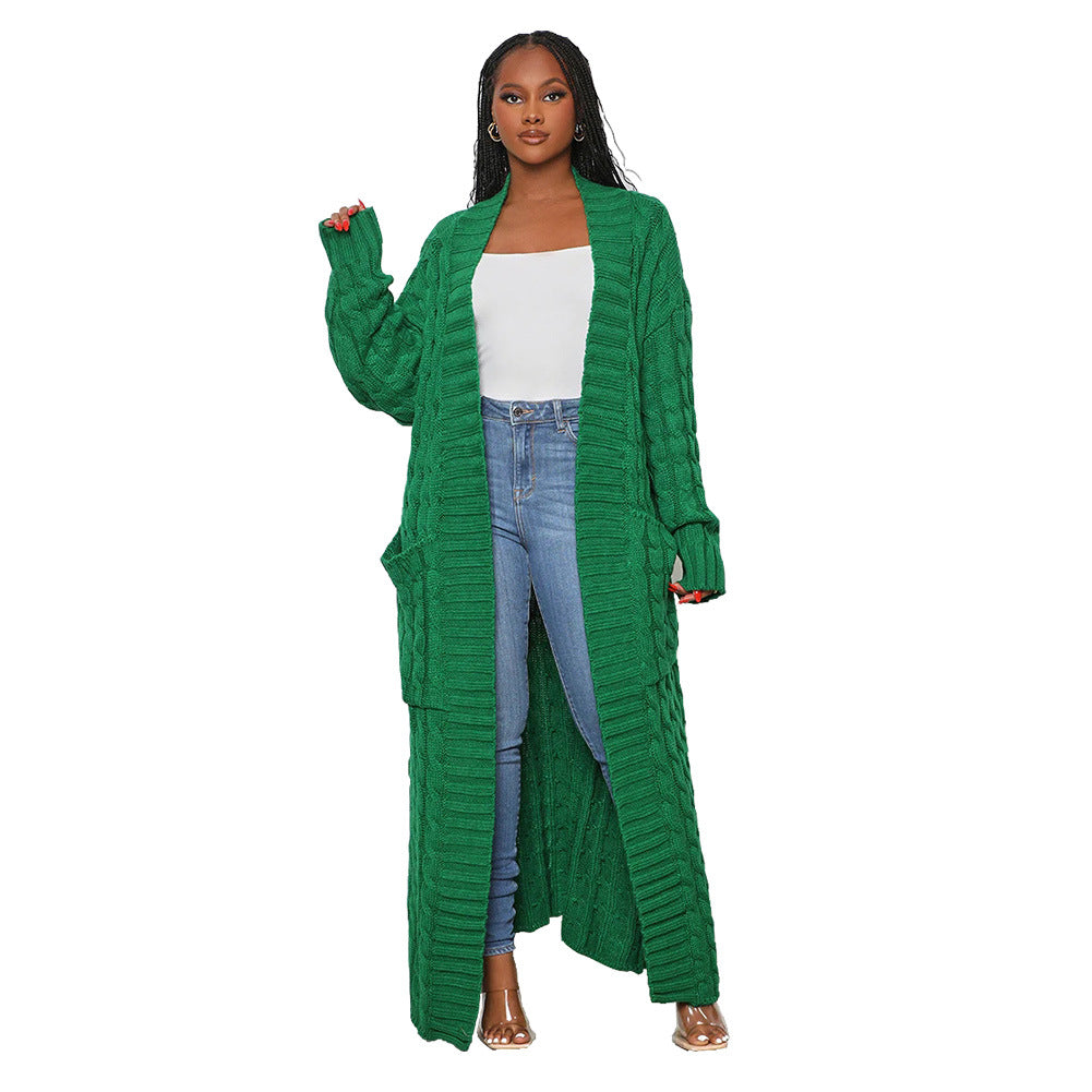Women's Autumn And Winter New Loose Knit Cardigan Lazy Pocket Long Twist Sweater Coat