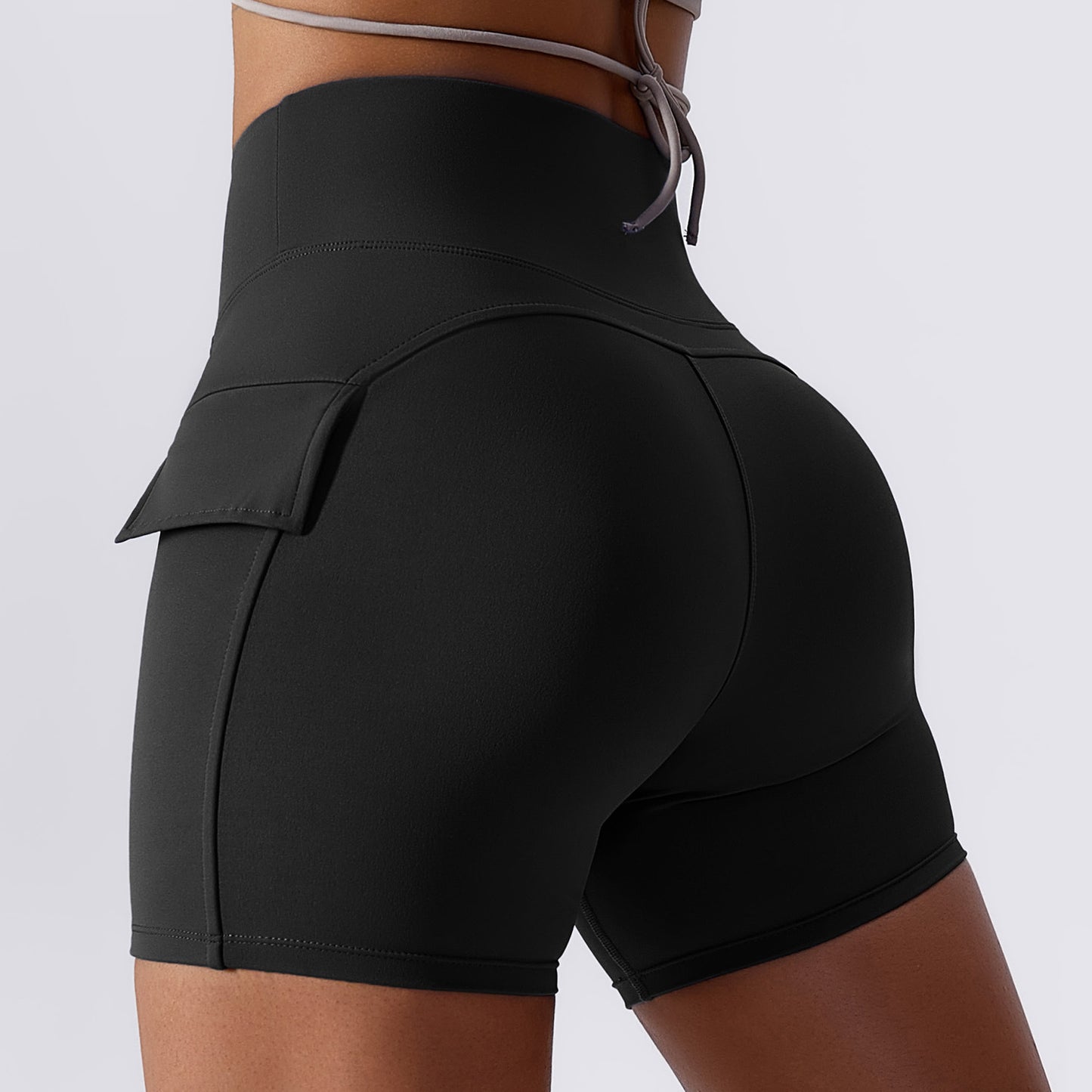 Lycra Nude Yoga Shorts Cargo Pocket Tight Shorts Women's High Waist Quick Dry Running Fitness Pants Women