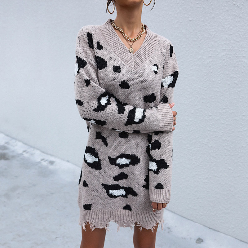Autumn and Winter Fashion Knitted Leopard Print Sweater Dress: Long Sleeve, V-Neck, and Effortless Style