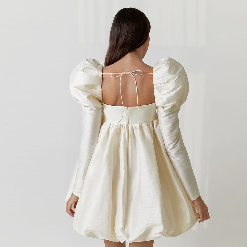 Autumn Puffed Sleeve Satin Color Ding Princess Dress Gown Long Sleeve Square Collar Court Style Dress Woman