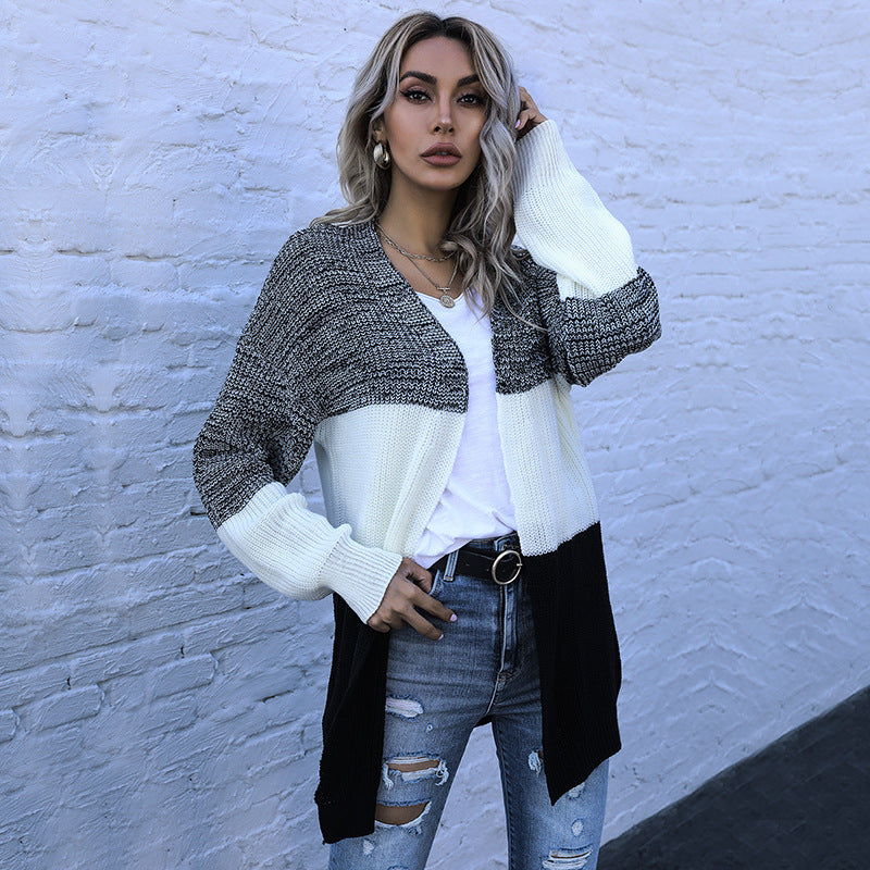 Autumn & Winter Long-Sleeved Match Color Loose Casual Women's Cardigan Sweater Coat