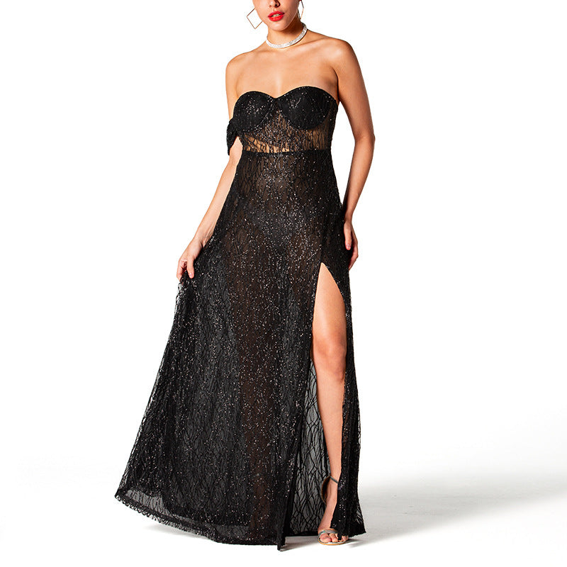 Black Sequin Dress High-End Light Luxury Strapless Party Birthday Host Slit Dress