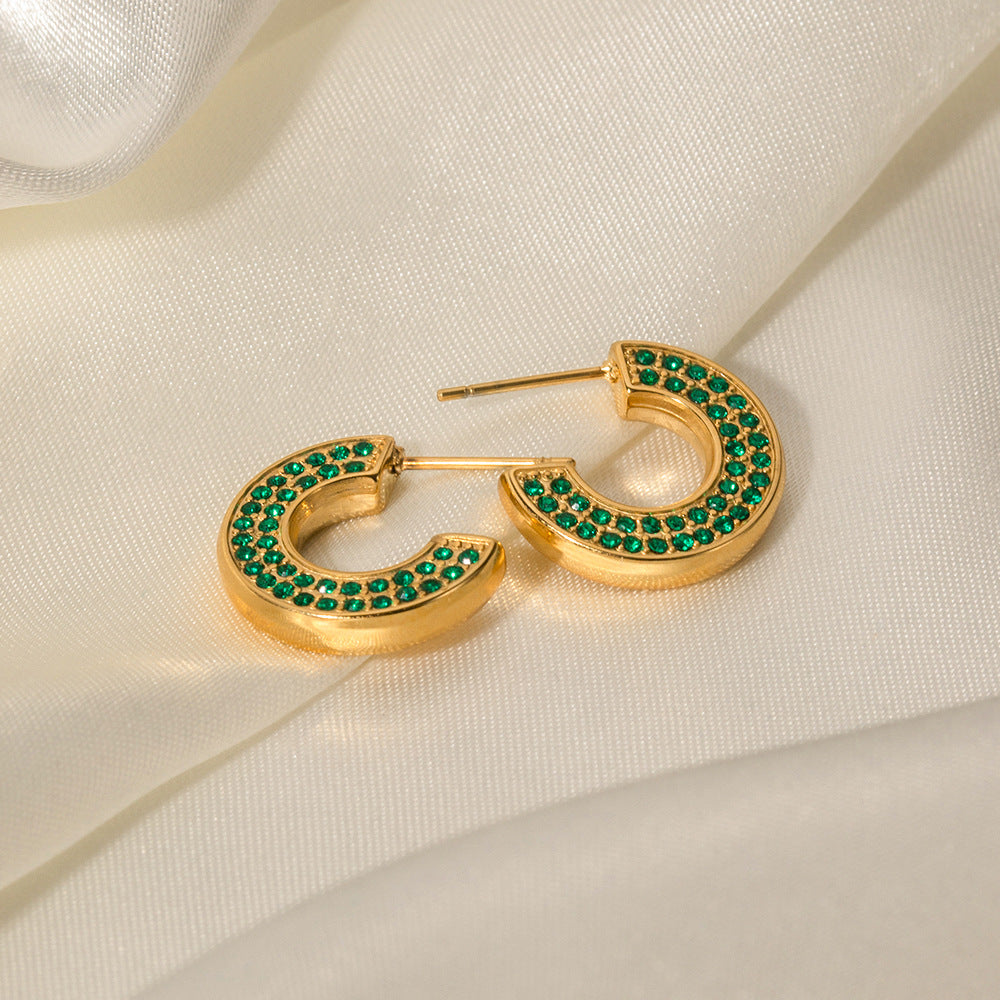 5pcs New All-Match 16K Gold Stainless Steel C Shape Green Zircon Earrings Fashion Earrings