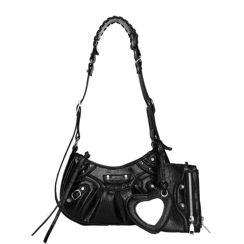 New Underarm Bag Female Retro Rivet Motorcycle Bag Fold Moon Tooth Mother Single Shoulder Crossbody Bag Female