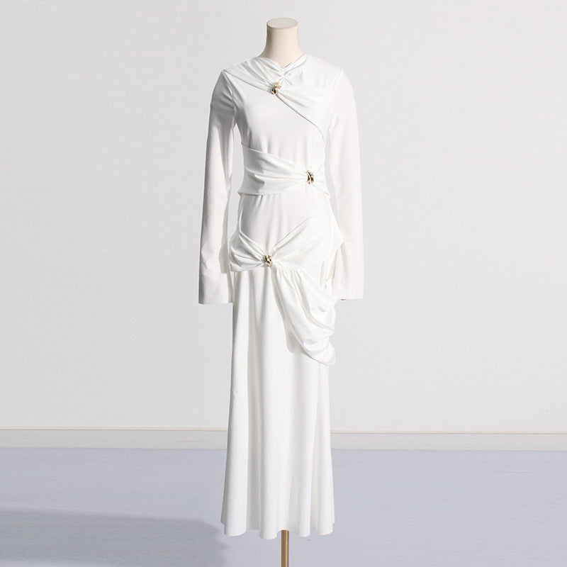 Temperament Socialite Style Spring New Fashion Crease Design Crease Collar Pullover Long Dress