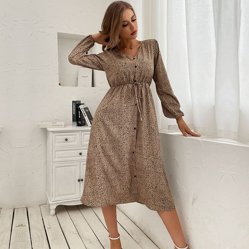For Fashion Women's New V-Neck Leopard Print Long-Sleeved Slim Dress