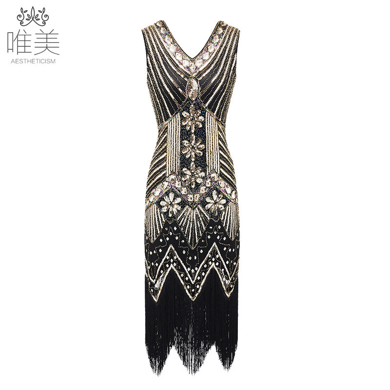Vintage Style Sequined Beaded Dress Front And Back V-Neck Fashion Fringe Dress Exploded