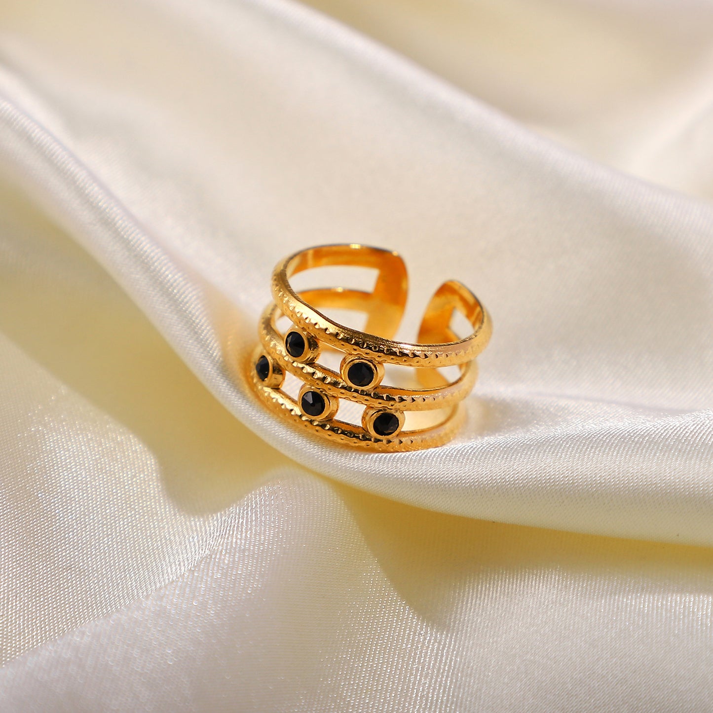 5pcs 18K Gold-Plated Stainless Steel 5 Black Diamond Three-Layer Open Ring Popular Jewelry For Women