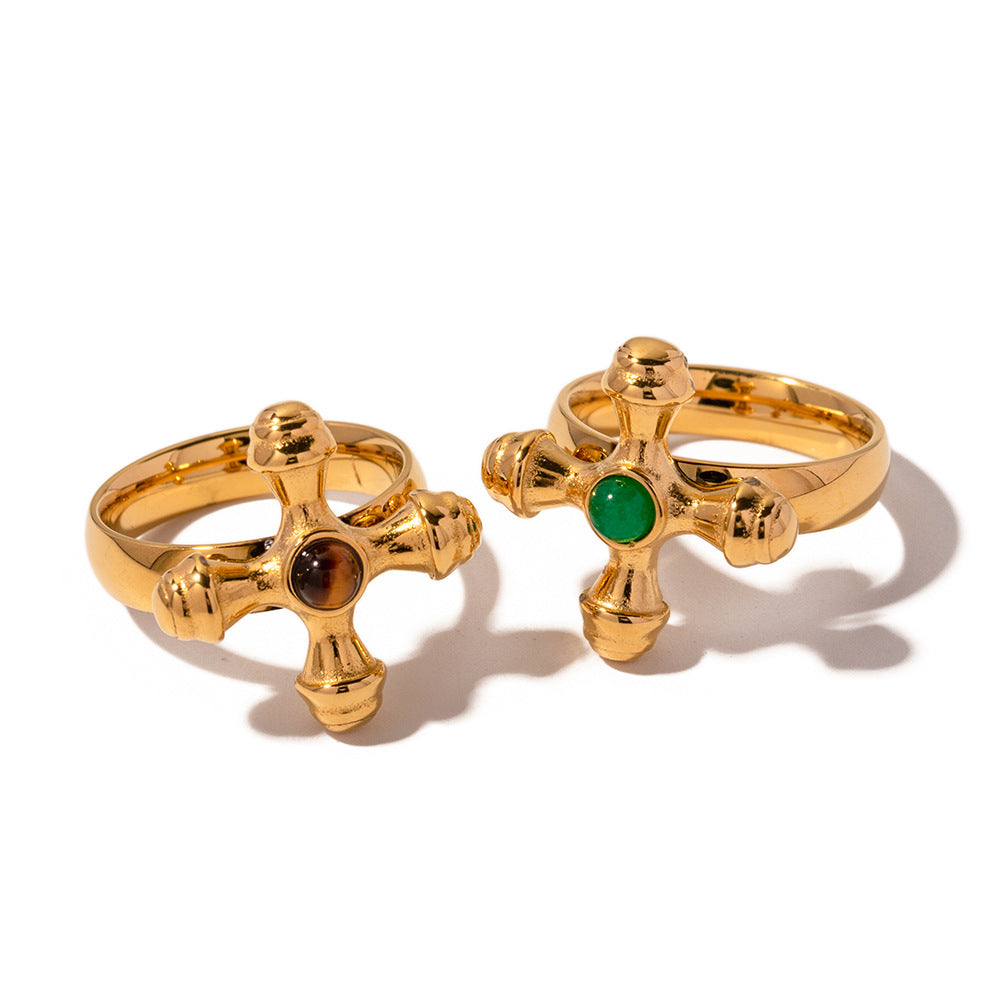 5pcs Niche Style Gold-Plated Titanium Steel Ring Female Stainless Steel Inlaid Stone Cross Fine Ring