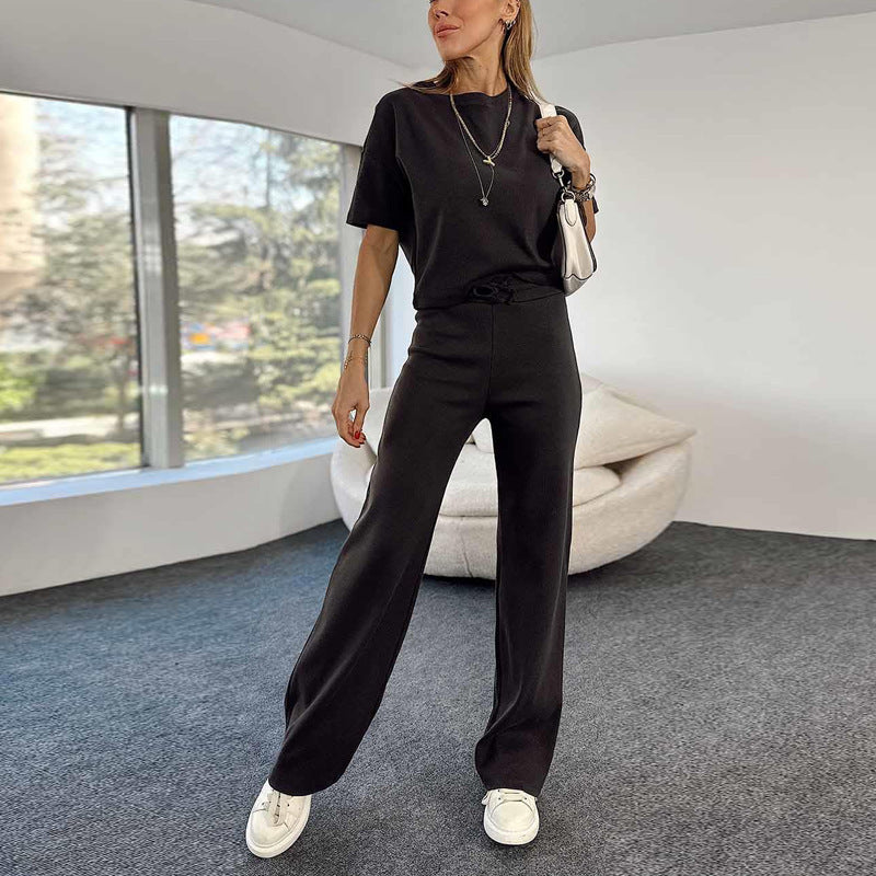 Women's Short-Sleeved Round Neck T-Shirt Elastic Waist Trousers Fashion Casual Two-Piece Set