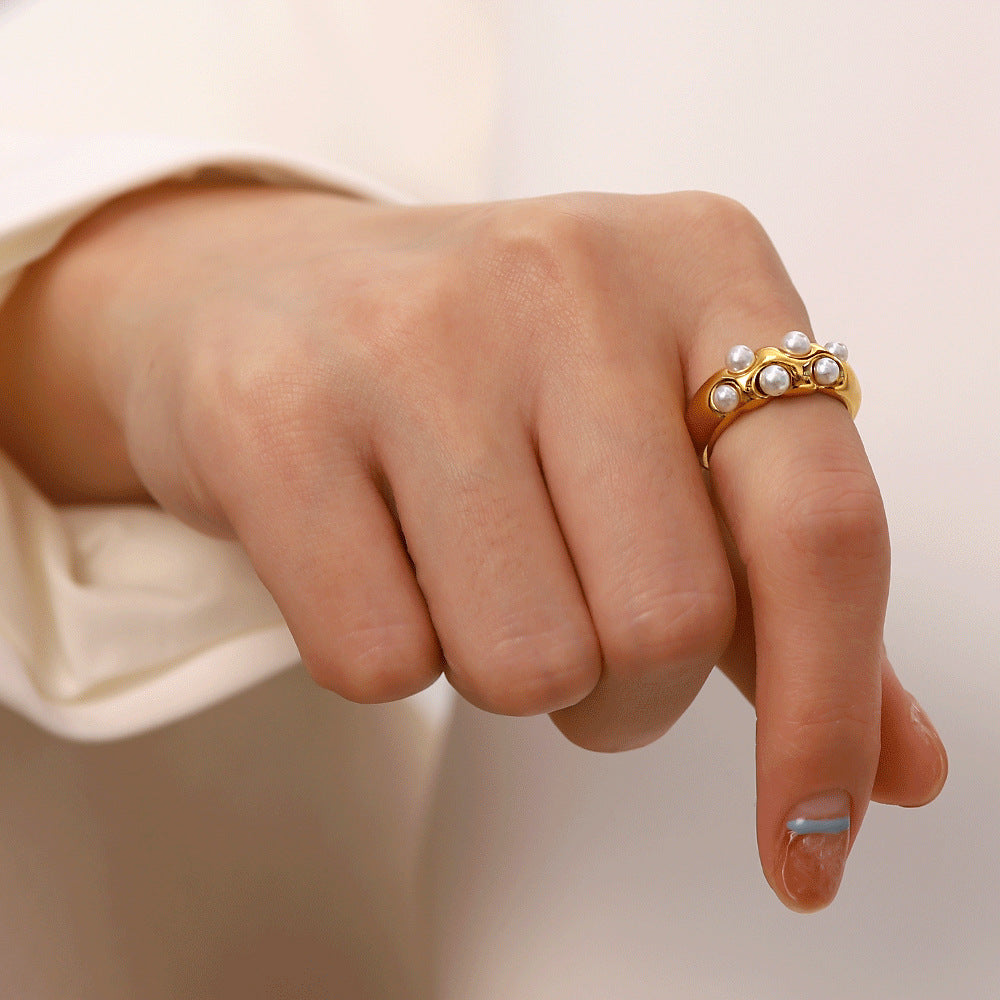 5pcs Vintage Light Luxury Senior Sense Pea-Pod Pearl Ring Ring Ring Plated 18K Gold Not Fade Titanium Steel Ring Female