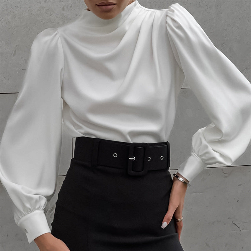 White Thin Soft Matte Color Ding High Neck Pleated Temperament Shirt New Autumn Fashion Women's Wear