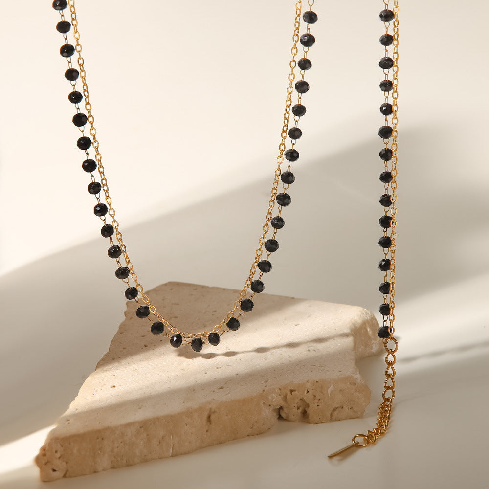5pcs Bohemian Style Stainless Steel Black Bead Glass Stone Double Necklace Black Glass Sliced Bead Necklace Women's Jewelry