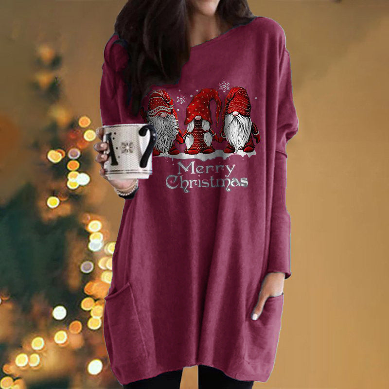 Santa Claus Printed Long Sleeve Pocket Round Neck T-Shirt Dress