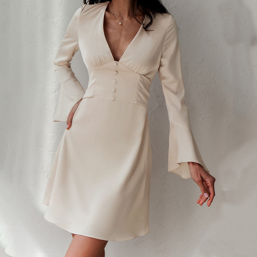 Temperament Imitation Acetate Tint V-Neck Flared Sleeve Dress Spring New Fashion Woman