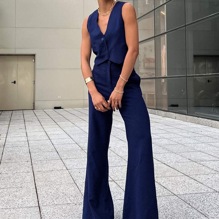 Khaki V-Neck Sleeveless Vest Set New Autumn Fashion Women's Two-Piece Set