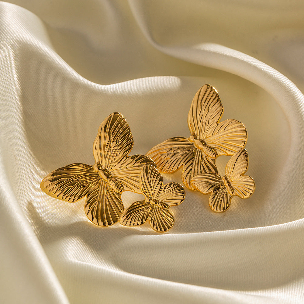 5pcs Court Style Matte Vintage Gold Stainless Steel Butterfly Metal Studs Earrings
