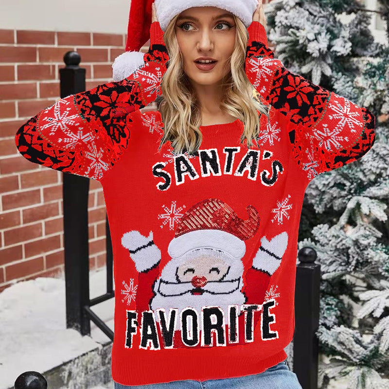 Women's Christmas Pullover Sweater Santa Claus Embroidered Crew Neck Sweater Woman