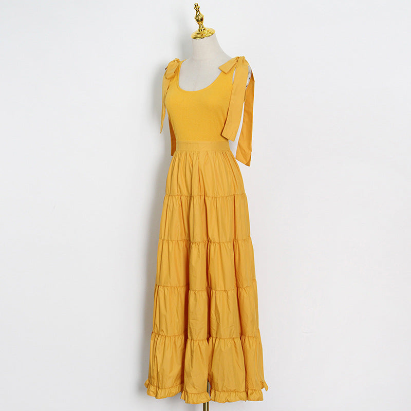 Fashion Commuter Style Spring New Bow Lace-Up Halter Solid Color Patchwork Slim Mid-Length Dress