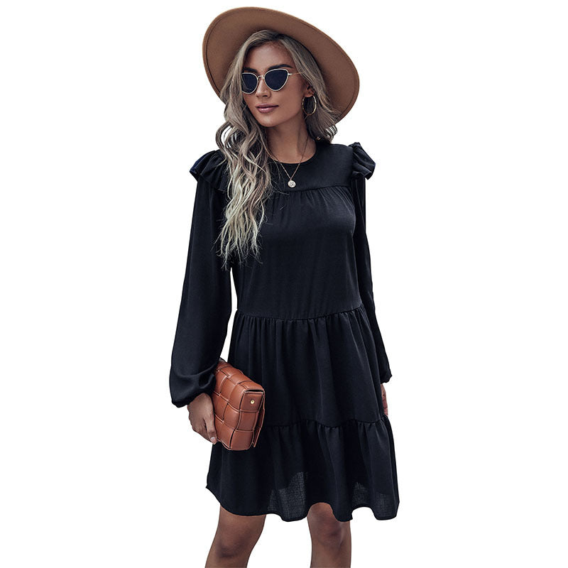 New Fashion Women's Long-Sleeved Black Loose Hepburn Dress