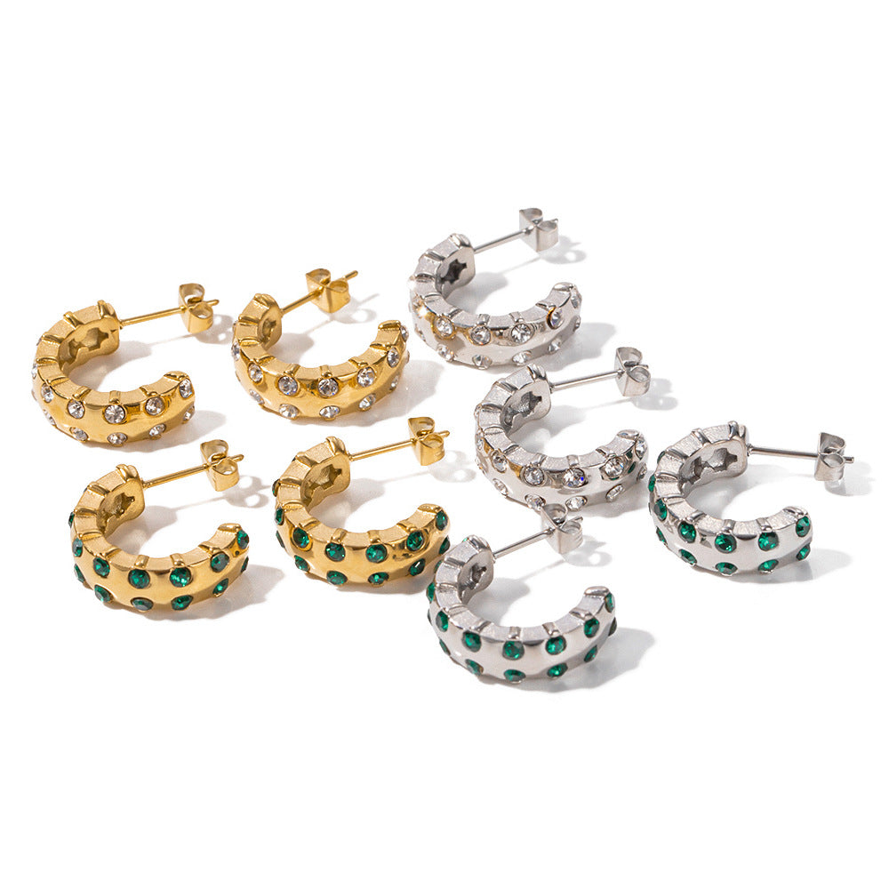 5pcs 16K Gold-Plated Stainless Steel Inlaid Zircon C-Shaped Earrings Do Not Fade Polished Earrings Women Fashion Accessories