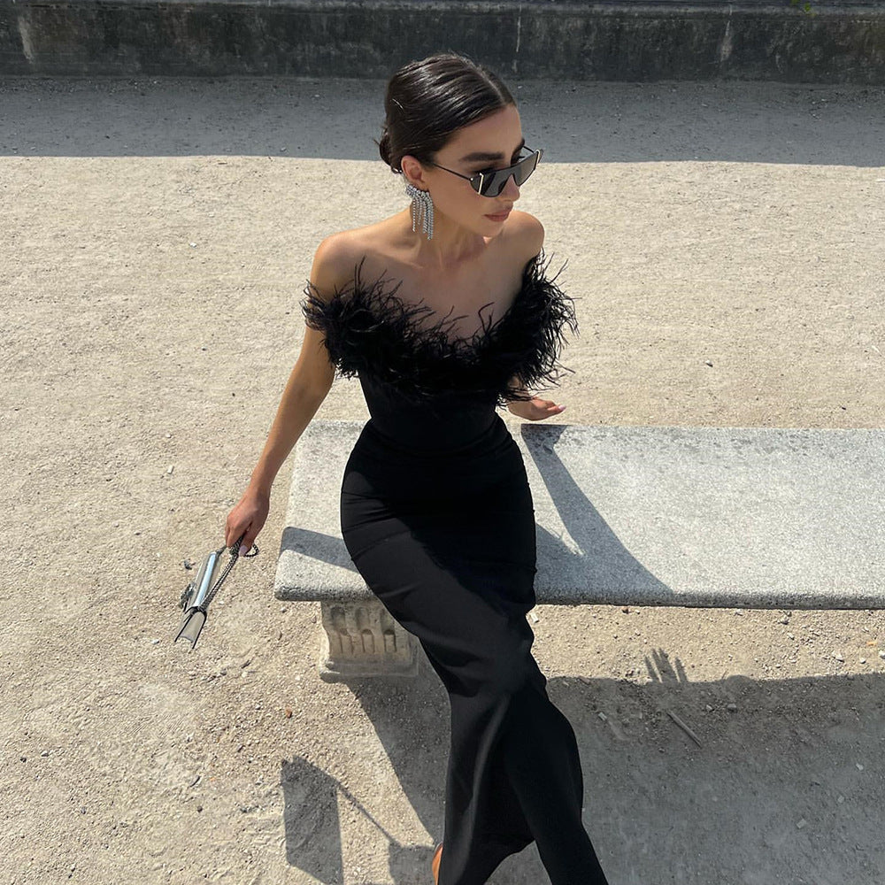 New Strapless Bandage Dress Fashion Feather Elegant Tight Wrap Hip Sleeveless Party Banquet Dress