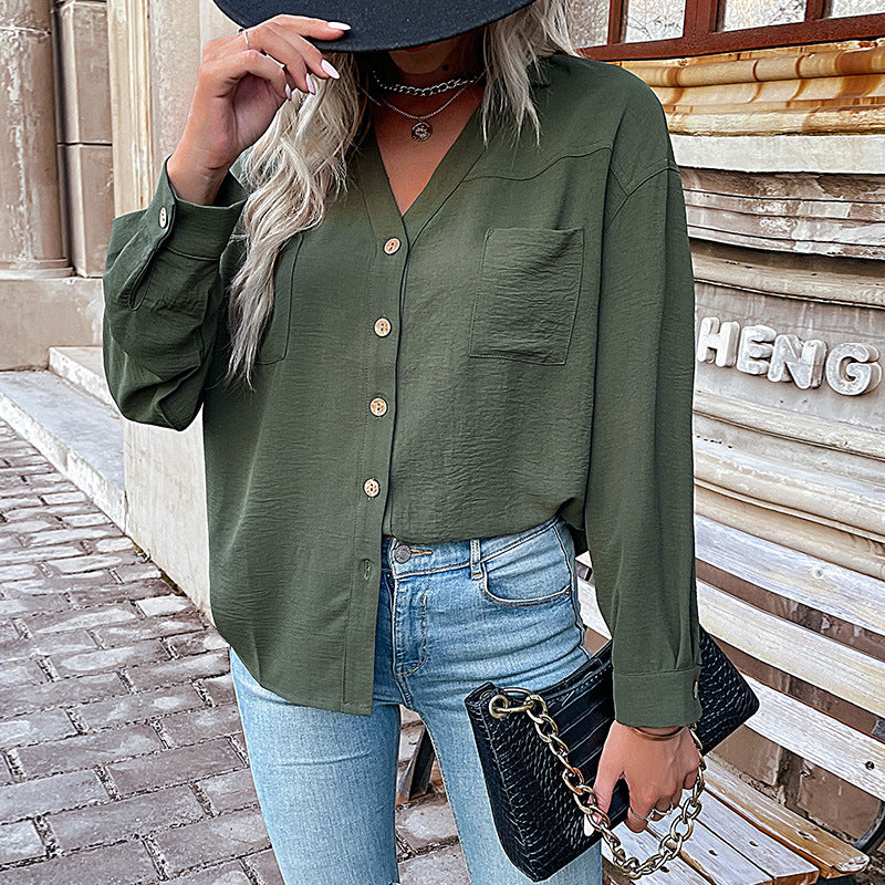 New Autumn New Women's Lapel Solid Color Shirt