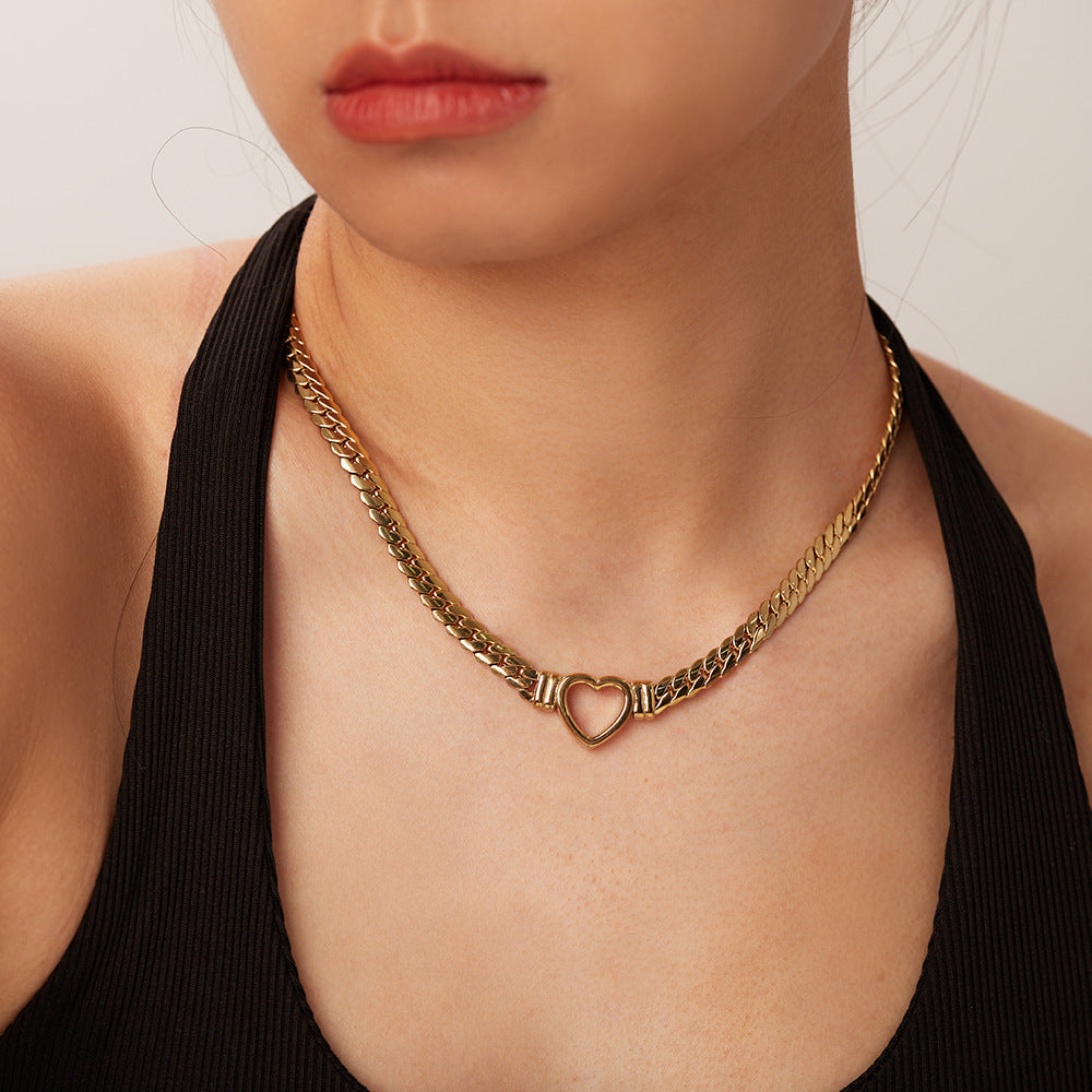 5pcs New Stainless Steel Cuban Chain Heart Necklace 14K Gold Plated Hollow Flat Snake Chain Love Pendant Necklace For Women