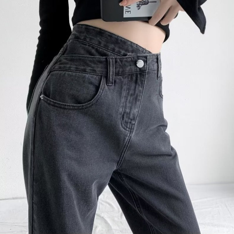 Blue Gray High Waist Wide Leg Jeans Women's New Autumn Cross Waist Small Loose Full Straight Leg Mop Pants