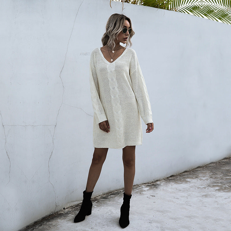 Women's Long Sleeve Knitted Long Women's Sweater Dress Autumn