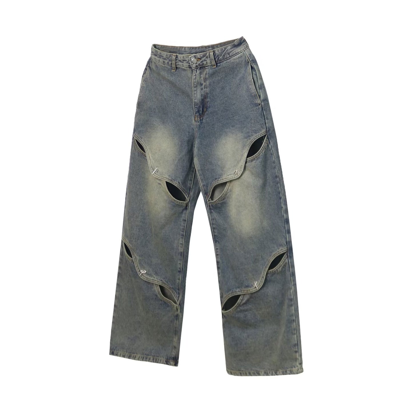 Wide-Leg Jeans Women's High Street Heavy Hollowed-Out Mops Vintage Long Pants