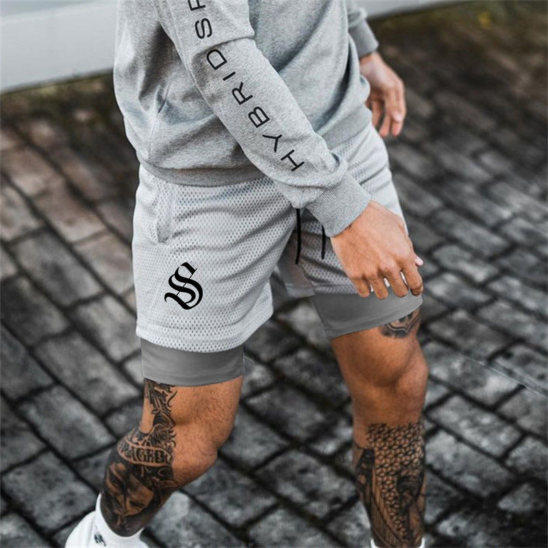 Fitness Shorts Men's Quick Drying Outdoor Sports Large Size Double-Lined Mesh Five Quarter Pants