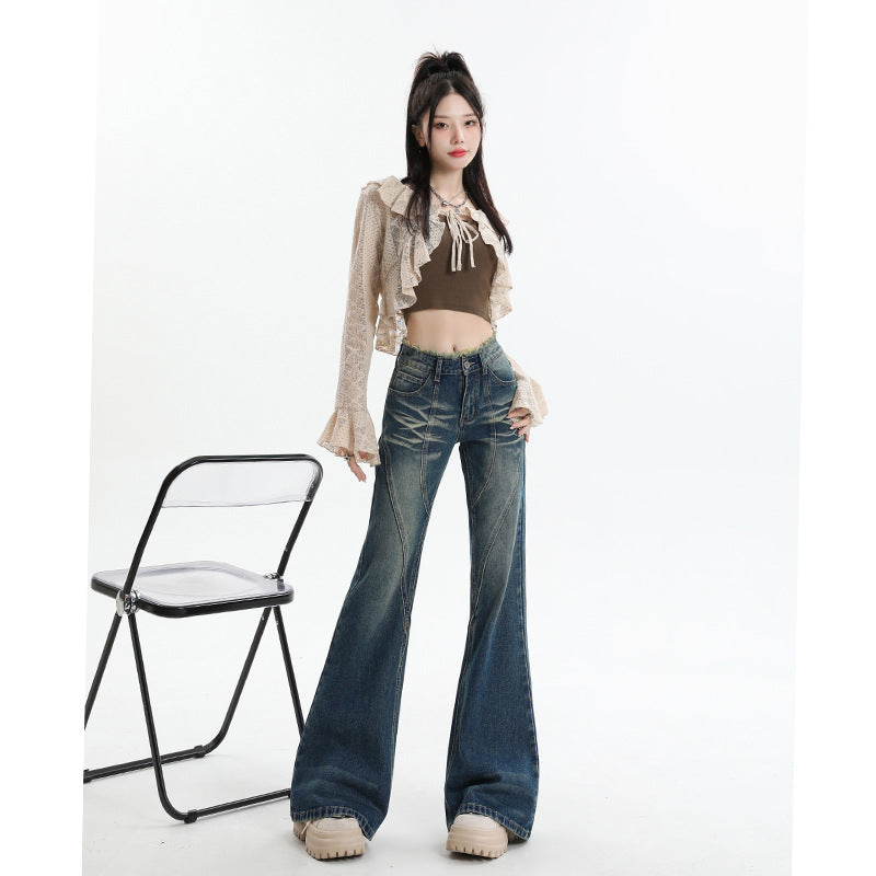 Street Vintage Mid-Waisted Skinny Hottie Jeans Women's Slacks With Wide Legs And Rough Edges