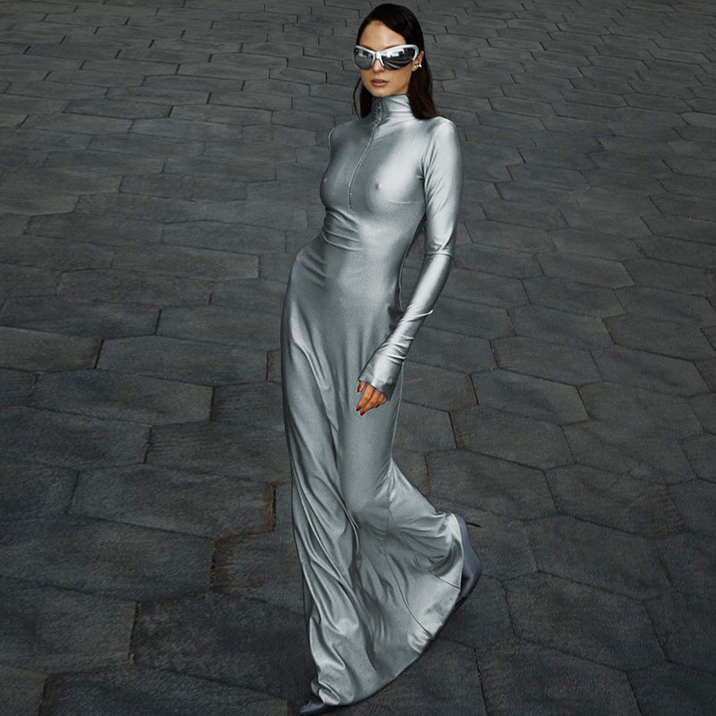 Zipper Slim Long-Sleeved Autumn And Winter Dress Set Head Standing Collar Tight Body Long Skirt High Waist Big Size Fat Sister Tall Female Skirt