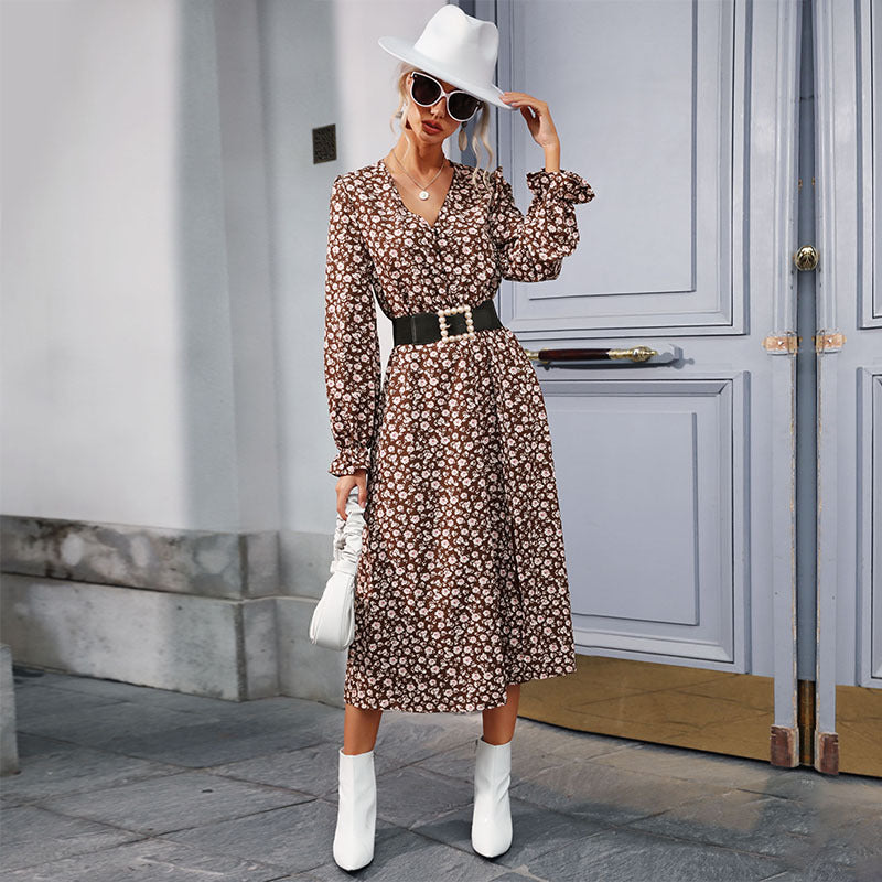 Floral Elegance: Women's Slim Fit Long Dress for Autumn and Winter