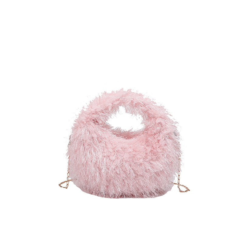 Autumn and Winter Simple Fringe Plush Small Round Handbag