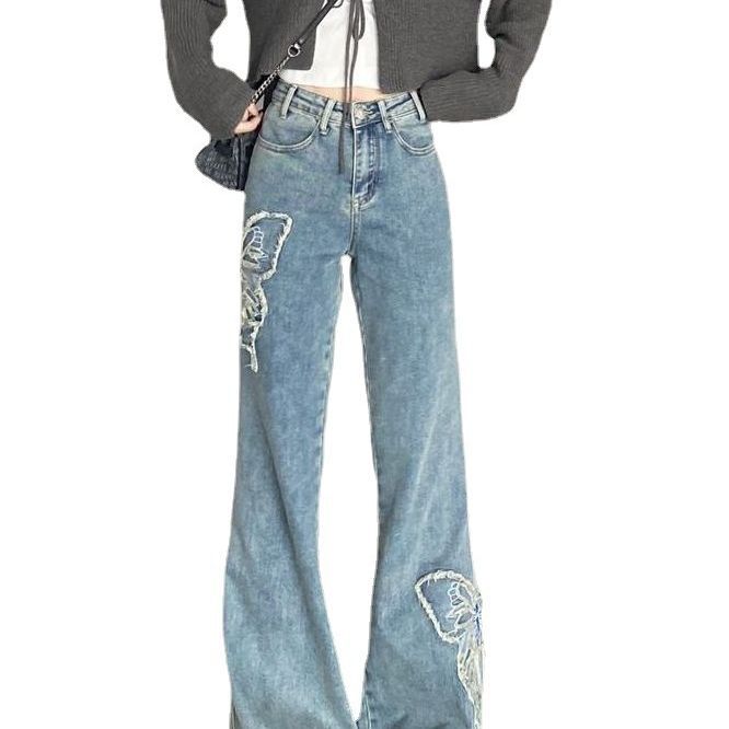 Vintage Micro Cut Jeans Women's Spring Summer Embroidery Butterfly High Waist Slimming Straight Leg Pants