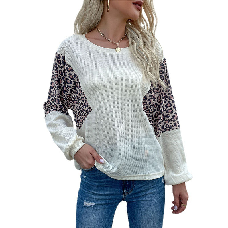 New Autumn Women's Loose Crew Neck Bottom Leopard Splicing Knitwear