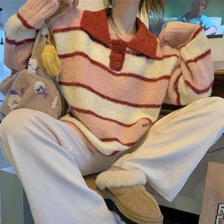 Japanese Sweet Soft Waxy Striped Polo Collar Sweater Coat Women's New Autumn And Winter Loose And Lazy Style Sweater Top