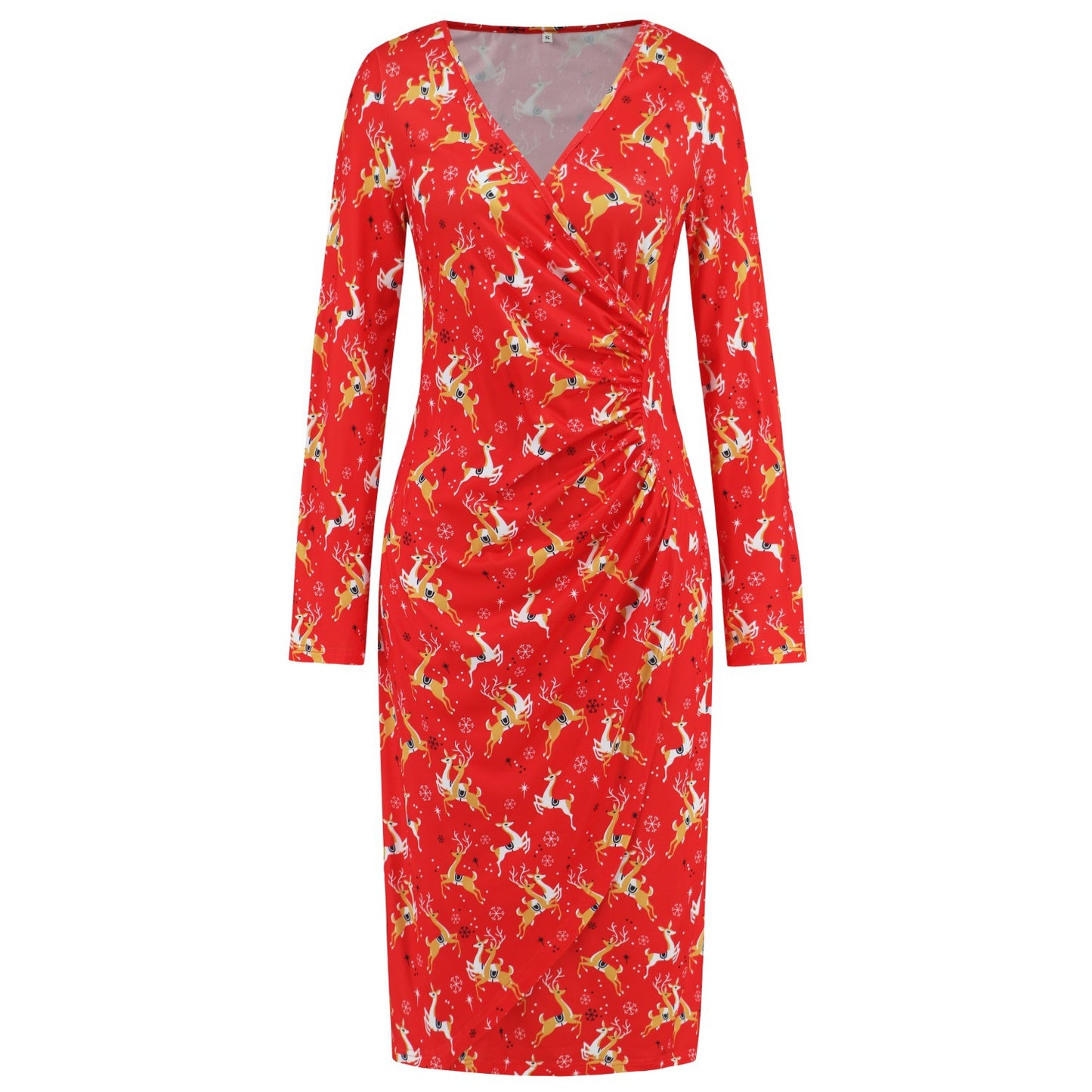 Christmas Printed Dress V-Neck Slimming Slim Dress Autumn And Winter Women's Plus-Size