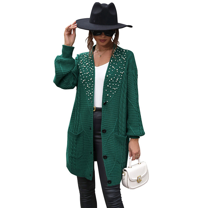 Women's Knitwear Autumn And Winter Pattern Knitted Coat In The Long Beaded Sweater Cardigan