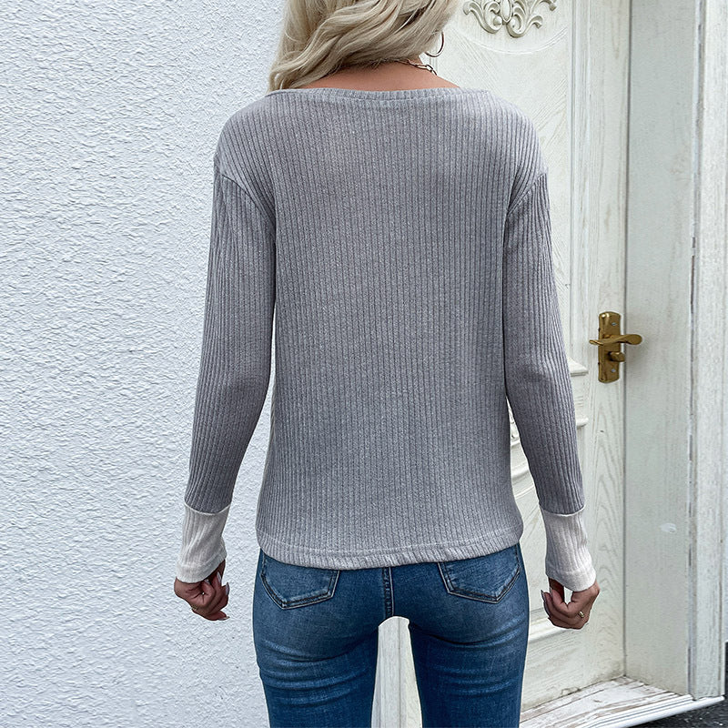 New Women's Pullover Loose Splicing V-Neck Leopard Knit Top Women
