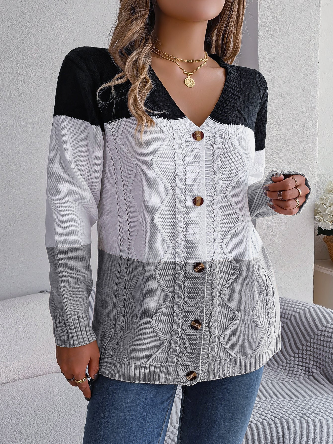 Style Autumn And Winter Casual Color Contrast Button Long Sleeve Sweater Cardigan Coat Women's Wear