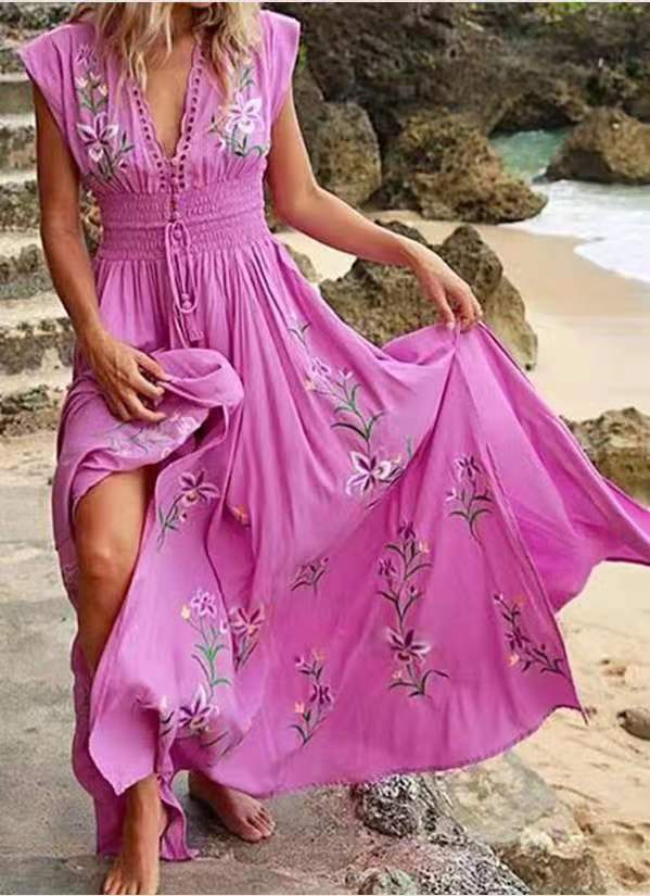 New Summer Women's V-Neck Beach Bohemian Print Dress